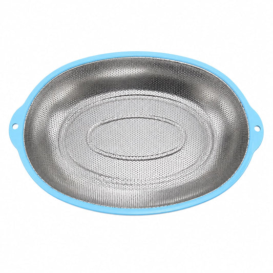 XL Stainless Steel Oval Mesh Strainer with Blue Handles – Kitchen Colander for Washing, Draining & Rinsing Fruits and Vegetables