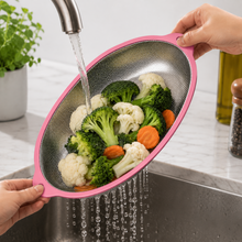 Stainless Steel Oval Mesh Strainer with Pink Handles – Large Kitchen Colander for Washing, Draining & Rinsing