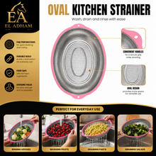 Stainless Steel Oval Mesh Strainer with Pink Handles – Large Kitchen Colander for Washing, Draining & Rinsing