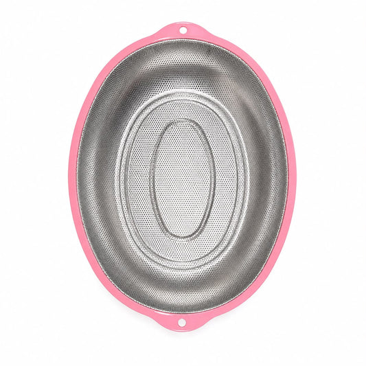 Stainless Steel Oval Mesh Strainer with Pink Handles – Large Kitchen Colander for Washing, Draining & Rinsing