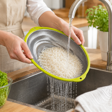 Large Stainless Steel Oval Mesh Strainer with Green Handles – Kitchen Colander for Washing, Draining & Rinsing