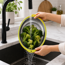 Large Stainless Steel Oval Mesh Strainer with Green Handles – Kitchen Colander for Washing, Draining & Rinsing