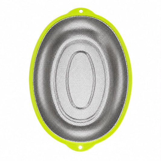 Large Stainless Steel Oval Mesh Strainer with Green Handles – Kitchen Colander for Washing, Draining & Rinsing