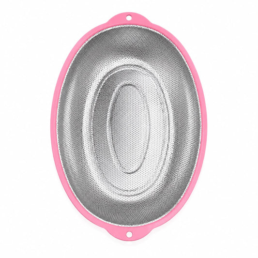 Stainless Steel Oval Mesh Strainer with Pink Rim, 15 Inch