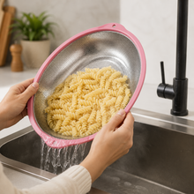 Medium Stainless Steel Oval Mesh Strainer with Pink Handles – Kitchen Colander for Washing, Draining & Rinsing