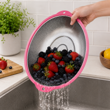 Medium Stainless Steel Oval Mesh Strainer with Pink Handles – Kitchen Colander for Washing, Draining & Rinsing