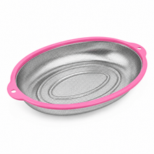 Medium Stainless Steel Oval Mesh Strainer with Pink Handles – Kitchen Colander for Washing, Draining & Rinsing
