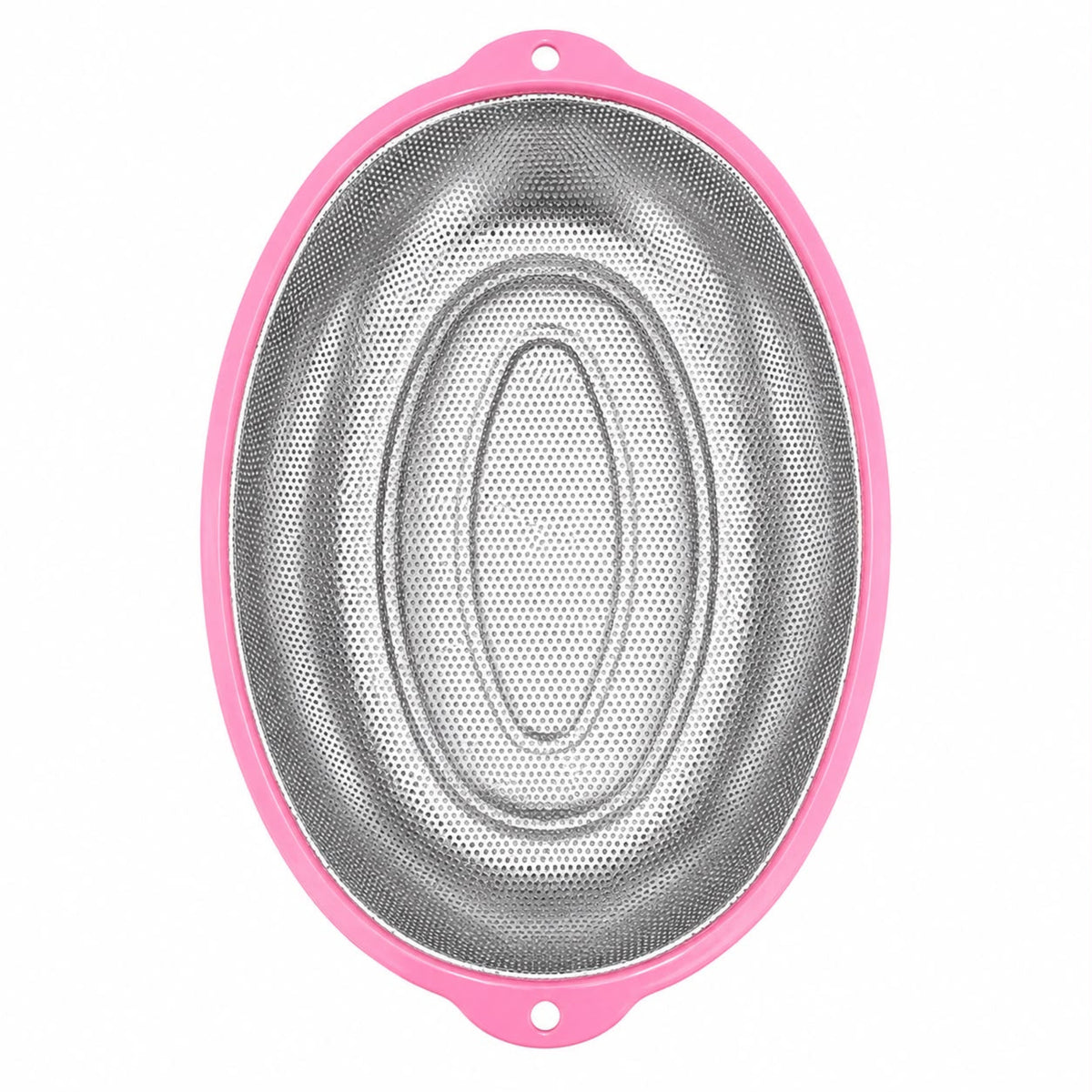 Medium Stainless Steel Oval Mesh Strainer with Pink Handles – Kitchen Colander for Washing, Draining & Rinsing