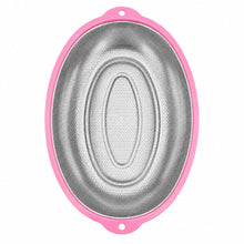 Medium Stainless Steel Oval Mesh Strainer with Pink Handles – Kitchen Colander for Washing, Draining & Rinsing