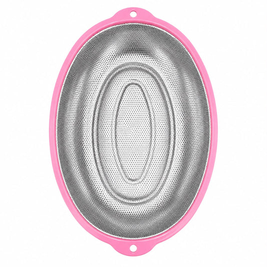 Medium Stainless Steel Oval Mesh Strainer with Pink Handles – Kitchen Colander for Washing, Draining & Rinsing