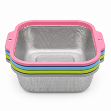 4-Piece XL Stainless Steel Square Mesh Strainer Set with Color-Coated Handles – Large Kitchen Colanders