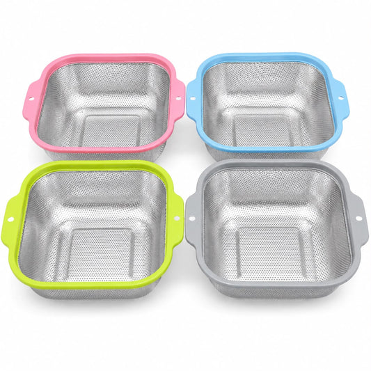 4-Piece XL Stainless Steel Square Mesh Strainer Set with Color-Coated Handles – Large Kitchen Colanders