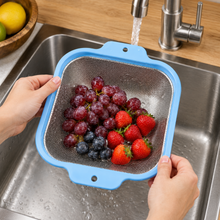 Stainless Steel Square Mesh Strainer with Blue Handles – Kitchen Colander for Washing, Draining & Rinsing