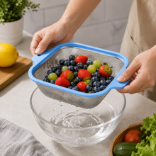 Stainless Steel Square Mesh Strainer with Blue Handles – Kitchen Colander for Washing, Draining & Rinsing