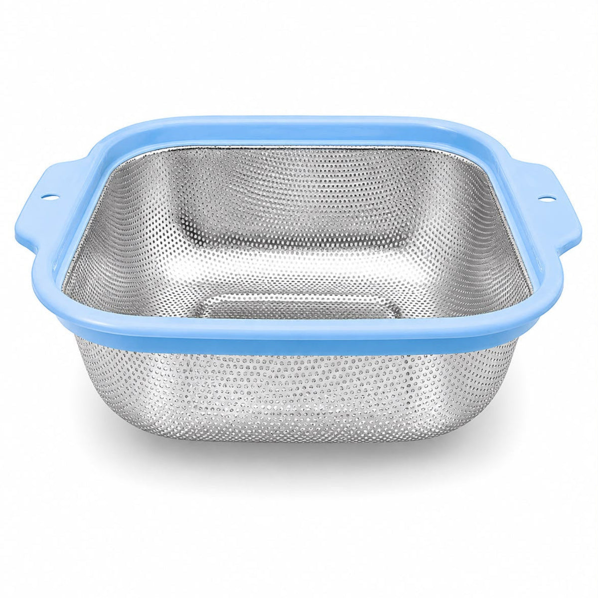 Stainless Steel Square Mesh Strainer with Blue Handles – Kitchen Colander for Washing, Draining & Rinsing