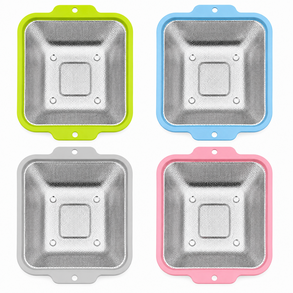 4-Piece Stainless Steel Square Mesh Strainer Set with Color-Coated Handles, 10.75 x 9.25 in