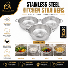 3-Piece Stainless Steel Round Colander Set with Dual Handles – Medium, Large & XL Kitchen Strainers