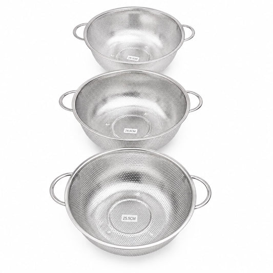 3-Piece Stainless Steel Round Colander Set with Dual Handles – Medium, Large & XL Kitchen Strainers