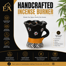 Traditional Small Clay Charcoal Holder with Handle – Black, White & Gold Decorative Scalloped Design