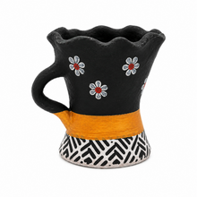 Traditional Small Clay Charcoal Holder with Handle – Black, White & Gold Decorative Scalloped Design