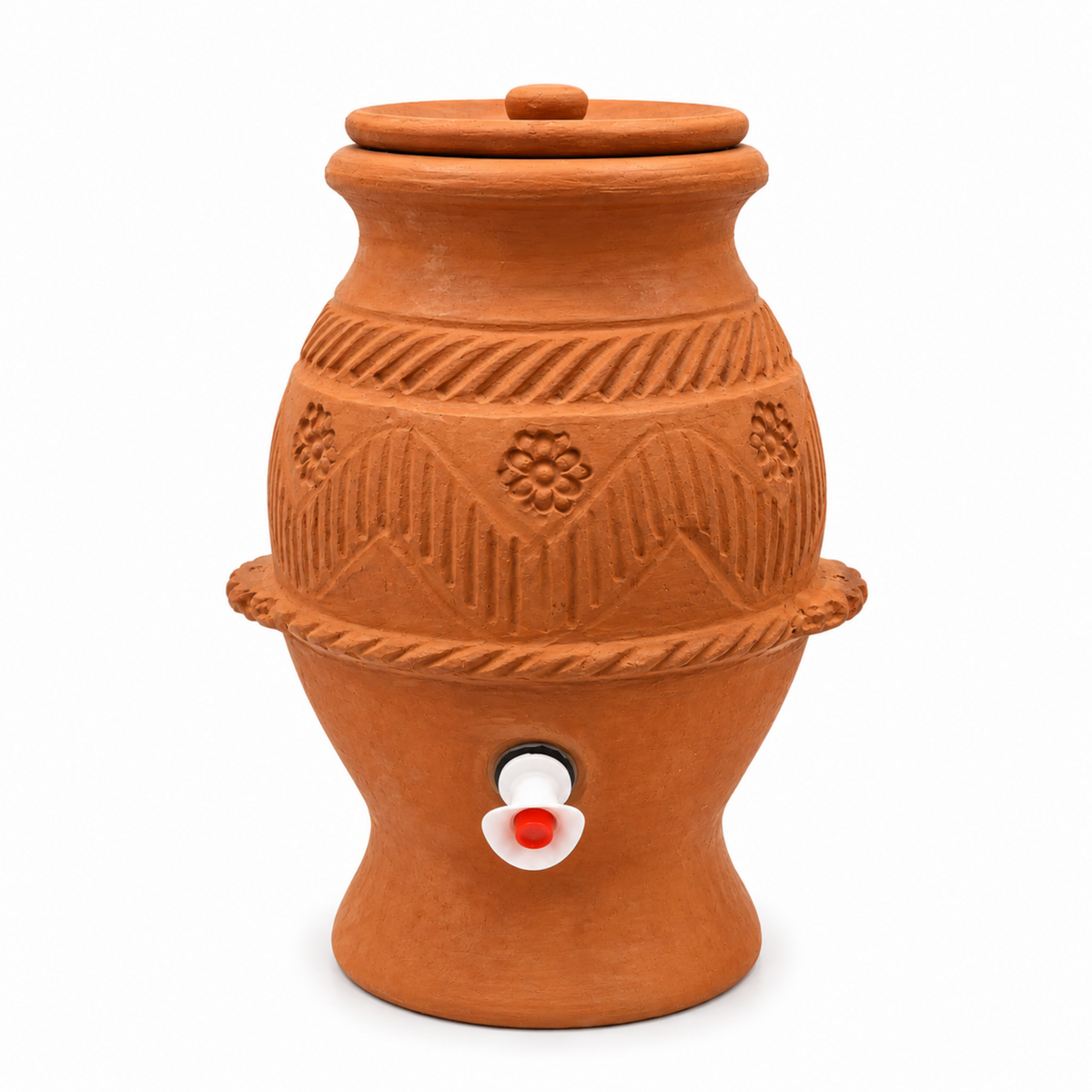 Traditional Clay Water Jug Kooz with Spigot & Lid - Large, 9.5" x 9.5" x 13"