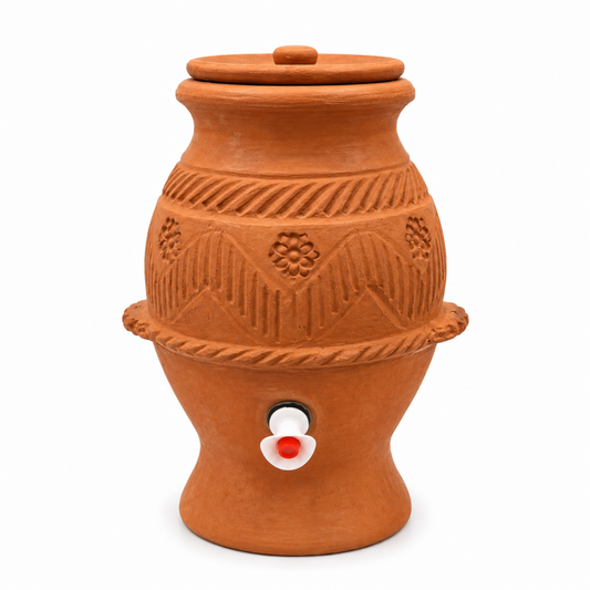 Traditional Clay Water Jug Kooz with Spigot & Lid - Large, 9.5" x 9.5" x 13"