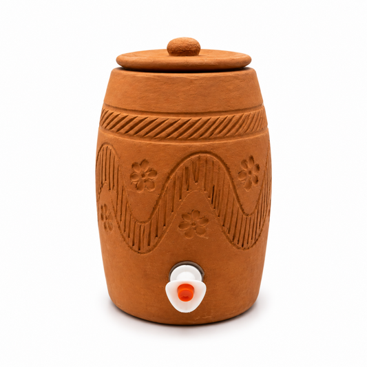 Traditional Clay Water Jug Kooz with Spigot & Lid – Medium 5L, 7.5" x 7.5" x 9.75"