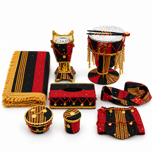 7-Piece Traditional San’ani Hookah Accessories Set – Red, Black & Gold Yemeni-Inspired Decorative Collection