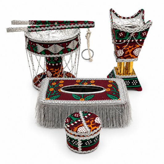 Traditional Clay Charcoal Holder with Napkin Holder & Incense Burner, Red-Black Design, 4-Piece Set