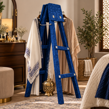 Triangular Wooden Incense Stand with Blue Fabric Wrap & Decorative Accents, 39" x 16.5" x 2"