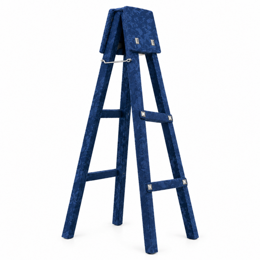 Triangular Wooden Incense Stand with Blue Fabric Wrap & Decorative Accents, 39" x 16.5" x 2"