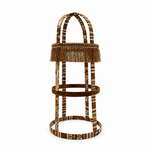 Large Circular Iron Incense Burner Stand with Decorative Fringe & Patterned Textile Wrap – Brown Multi-Tone, 15.25" x 15.25" x 40"
