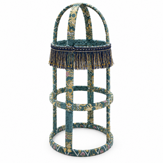 Medium Circular Iron Incense Burner Stand with Decorative Teal-Gold Pattern & Fringe – 30" Tall