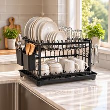 2-Tier Black Kitchen Dish Drying Rack with Drain Tray & Utensil Holders – Space-Saving Countertop Dish Organizer