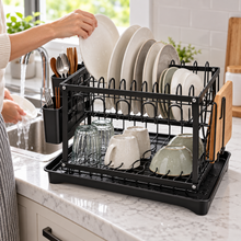 2-Tier Black Kitchen Dish Drying Rack with Drain Tray & Utensil Holders – Space-Saving Countertop Dish Organizer