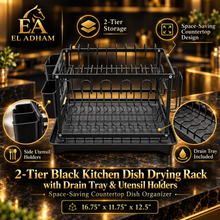 2-Tier Black Kitchen Dish Drying Rack with Drain Tray & Utensil Holders – Space-Saving Countertop Dish Organizer