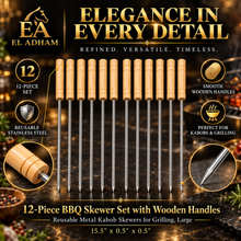 12-Piece BBQ Skewer Set with Wooden Handles – Reusable Metal Kabob Skewers for Grilling, Large, 15.5 Inch