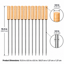 12-Piece BBQ Skewer Set with Wooden Handles – Reusable Metal Kabob Skewers for Grilling, Large, 15.5 Inch