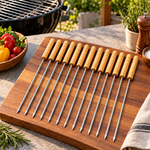 12-Piece BBQ Skewer Set with Wooden Handles – Reusable Metal Kabob Skewers for Grilling, Large, 15.5 Inch