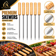 6-Piece BBQ Skewer Set with Wooden Handles – Reusable Metal Kabob Skewers for Grilling, Large, 15.5 Inch