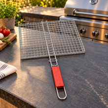 Large Rectangular BBQ Grill Basket with Long Wooden Handle – Wire Mesh Grilling Basket, 17.75" x 11.25"