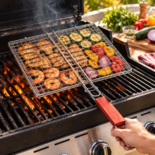 Large Rectangular BBQ Grill Basket with Long Wooden Handle – Wire Mesh Grilling Basket, 17.75" x 11.25"