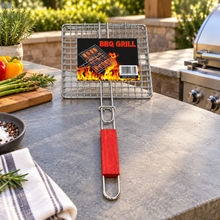 Medium Rectangular BBQ Grill Basket with Long Wooden Handle – Wire Mesh Grilling Basket, 15.25" x 8.5"