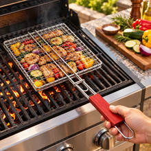 Medium Rectangular BBQ Grill Basket with Long Wooden Handle – Wire Mesh Grilling Basket, 15.25" x 8.5"