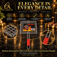 Medium Rectangular BBQ Grill Basket with Long Wooden Handle – Wire Mesh Grilling Basket, 15.25" x 8.5"