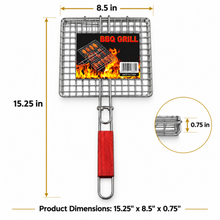 Medium Rectangular BBQ Grill Basket with Long Wooden Handle – Wire Mesh Grilling Basket, 15.25" x 8.5"