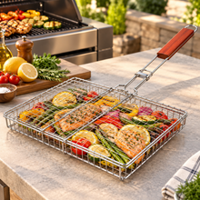 Extra-Large Rectangular BBQ Grill Basket with Long Wooden Handle – Wire Mesh Grilling Basket, 24.25" x 15.75"