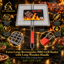 Extra-Large Rectangular BBQ Grill Basket with Long Wooden Handle – Wire Mesh Grilling Basket, 24.25" x 15.75"
