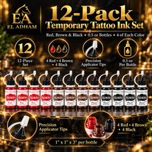 12-Pack Temporary Tattoo Ink Set – Red, Brown & Black, 0.5 oz Bottles, 4 of Each Color