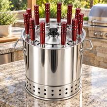 Large Stainless Steel Charcoal BBQ Grill & Skewer Set – Portable Vertical Kabob Grill with Wooden-Handle Skewers, Lid & Accessories